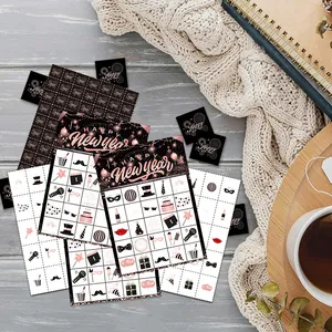Rose gold Happy New Year bingo game cards set for party supplies with black background