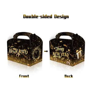 Black and gold Happy New Year candy gift box with festive double-sided design and handle