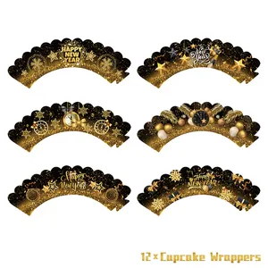 Detail of 12 black and gold Happy New Year cupcake wrappers with clock and star patterns