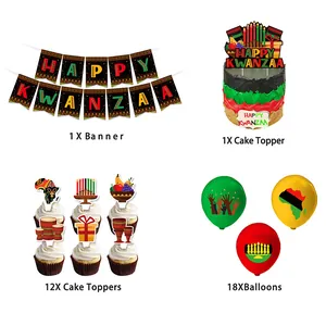 Detailed four-grid view showing Kwanzaa party kit with banner, balloons and cake toppers