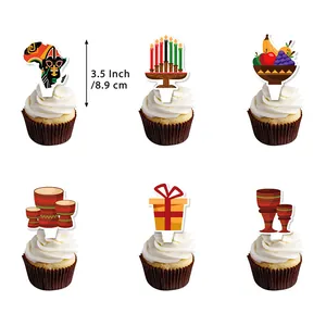 Kwanzaa cupcake toppers featuring African masks and candles on white backdrop, 3.5 inch