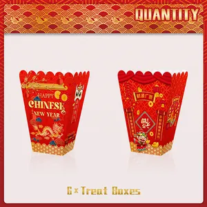 6-pack of red and gold Chinese New Year treat boxes featuring dragon and lantern patterns