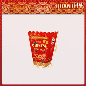 Red Chinese New Year popcorn box with golden dragon and festival wave patterns