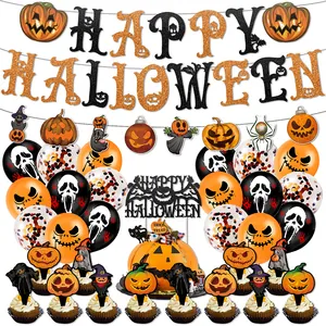 Halloween Party Deko Set Happy Halloween Banner Orange Kürbis Tortenstecker Luftballons Für Haus Party Dekoration