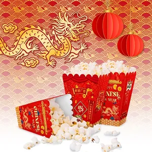 Red and gold Chinese New Year popcorn boxes with dragon designs and festive greetings