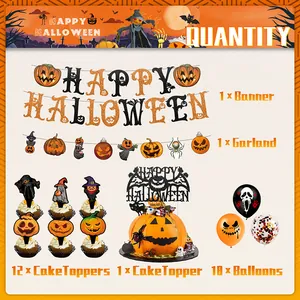 Halloween Party Deko-Set mit Kürbis Banner, Cake Toppern und Motiv Luftballons