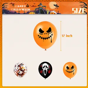 Detailansicht der 12-Zoll Halloween-Ballons mit Kürbis, Schrei-Maske und Konfetti-Designs