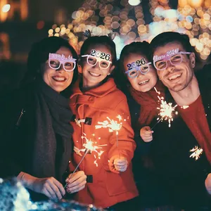 Glittery 2026 Happy New Year party glasses in multiple colors for family celebrations