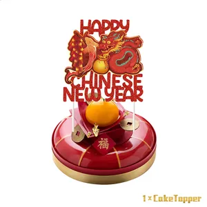 Sparkly red Happy Chinese New Year cake topper with traditional dragon and koi fish motifs