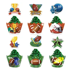American Football Cupcake Wrappers Toppers For Championship Party Decorations Paper Cake Picks With Helmet Trophy Pattern