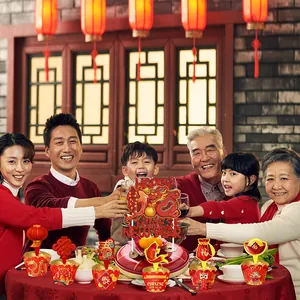 Chinese New Year cake topper set with red dragon, lanterns and festive party decorations