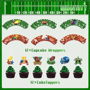 Super Bowl theme cupcake wrappers and toppers set with football and helmet motifs