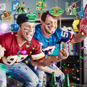 Super Bowl football party hanging swirl decorations with helmet and trophy card cutouts