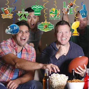 American football party decorations featuring spiral hangings and various sports themed pendants
