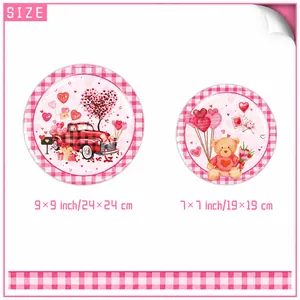 Pink Valentine's Day party plates set in 7 and 9 inch sizes with heart patterns