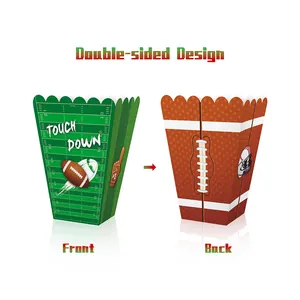 Double-sided American football popcorn boxes with green field design and Touch Down text
