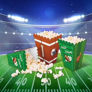 American football themed popcorn boxes with green field and brown leather patterns