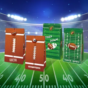 Detail of football party favor bags with game time prints and themed stickers