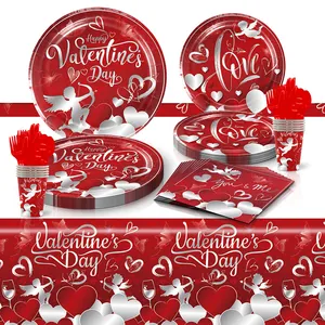 Ensemble de Vaisselle Jetable Rouge Saint-Valentin Assiettes en Papier Gobelets Serviettes Nappe Couverts en Plastique Cœur