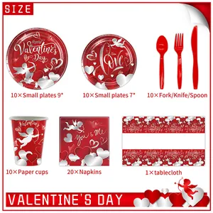Set de vaisselle jetable 52 pièces pour la Saint-Valentin avec motifs de cœurs rouges