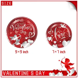 Vaisselle de fête rouge pour la Saint-Valentin avec motifs de cœurs, tailles 7 et 9 pouces