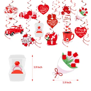 Valentine's Day spiral ornaments set featuring red hearts and rose pendant decorations