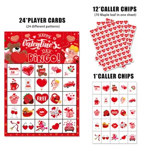 Valentine's Day bingo game set with 24 heart themed player cards and caller chips