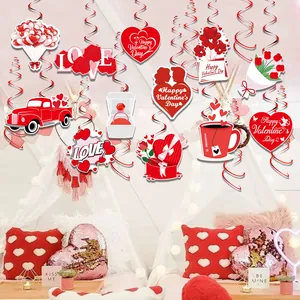 Valentine's Day hanging swirl decorations with heart cards and love theme ornaments