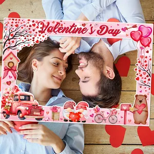 Valentine's Day photo booth frame prop featuring pink trucks and romantic gnomes