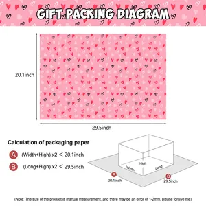 Pink heart Valentine's Day gift wrapping paper with size specs and usage guide
