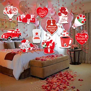 Valentine's Day hanging swirl decorations with red hearts and rose cards for party