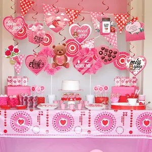 Pink Valentines Day party decoration set with heart swirl charms and bear banners