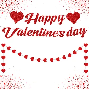 Red Glitter Happy Valentine's Day Banner Garland Heart Paper String Romantic Wedding Anniversary Party Decoration
