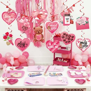 Valentine's Day hanging swirls with pink hearts, bears, and roses party decorations