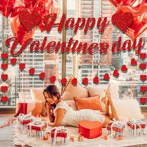 Glittery red Happy Valentine's Day banner and heart-shaped party decor set with balloons