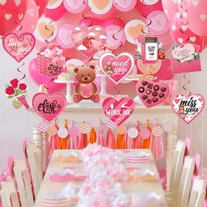 Pink Valentine's Day party spiral hanging decorations with heart, bear and rose motifs