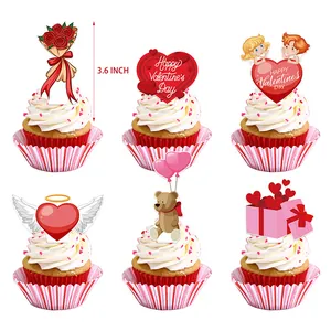 Σετ 6 διακοσμητικών για cupcake του Αγίου Βαλεντίνου με καρδιές και αρκουδάκια