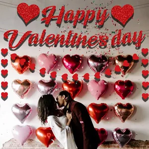 Valentine's Day decoration set with Happy Valentine's Day banner and red heart balloons