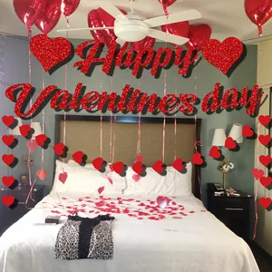 Glittering Happy Valentine's Day banner with red heart garlands for romantic party decor