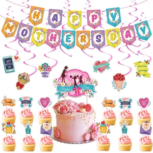 Bannière Bonne Fête Des Mères Et Décorations De Gâteaux Spirales Suspendues Thème Floral Cœur Rose Décoration De Fête Pour Maman