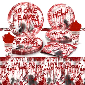 Halloween Bloody Party Tableware White Red Blood Splatter Paper Plates Cups Napkins Tablecloth Plastic Cutlery Horror Theme Decorations