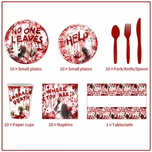 Blutiges Halloween Einweggeschirr Set mit Tellern, Bechern, Servietten und Besteck