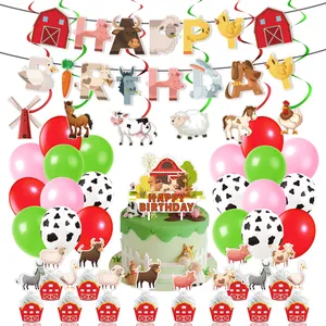 Décoration de Fête d'Anniversaire Thème Animaux de la Ferme Comprend Bannière Ballons Cake Topper Cupcake Toppers Spirales Suspendues Pour Enfants
