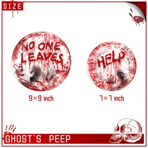 Halloween bloody handprint paper plates set with Help and No One Leaves text