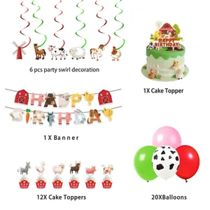 Kit décoration anniversaire thème ferme avec bannières, ballons et garnitures de gâteau