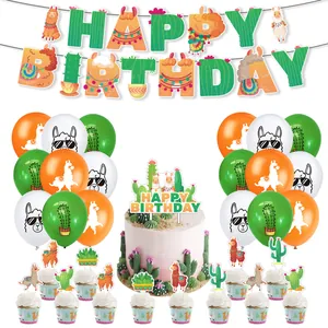 Kit fête d'anniversaire lama et cactus avec bannières, ballons et décorations de gâteau