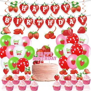 Erdbeere Geburtstag Party Dekorationen Happy Birthday Banner Kuchen Topper Luftballons Hängende Spiralen Für Kinder Party Zubehör