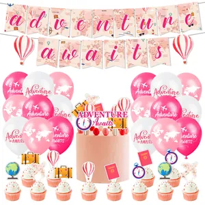 Pink World Travel Theme Party Banner Large Cake Topper Small Cupcake Toppers Latex Balloons Adventure Awaits World Map Party Decoration
