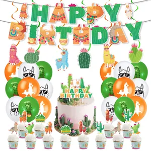 Kit de Décoration de Fête d'Anniversaire Thème Lama Cactus Avec Bannière Papier Ballons Décoration de Gâteau Enfants