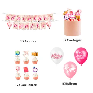 Adventure awaits party kit featuring pink globes, passports, and 18 map-printed balloons